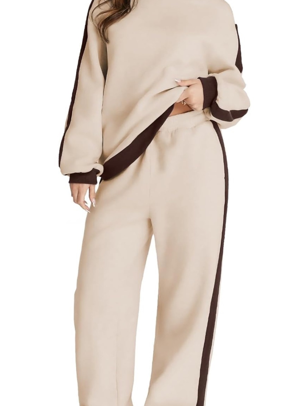 Women's Cream Track Pants with Brown Side Stripe